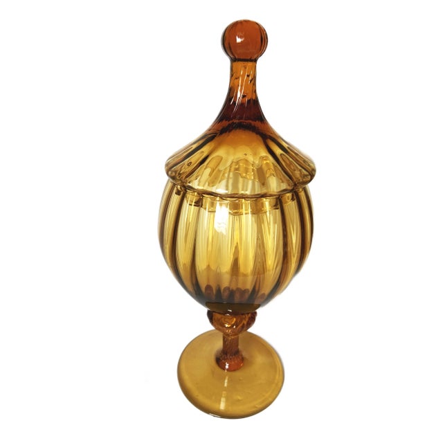 Vintage Empoli Amber Glass Italy Ribbed Art Glass Apothecary Candy Jar 60s 70s For Sale - Image 4 of 5