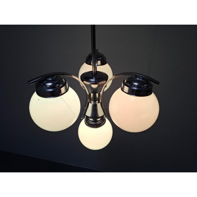 Czech Art Deco Blue Opaline Glass and Chrome 4-Light Chandelier, 1930s For Sale - Image 3 of 18