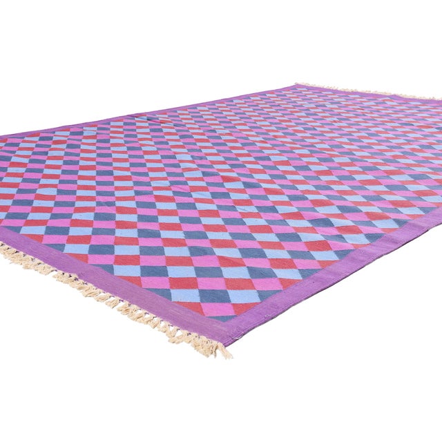 79593 Vintage Indian Dhurrie Rug, 05'11 x 08'11. The Chromatic Illusion: A Vintage Indian Dhurrie Masterpiece of Bauhaus...