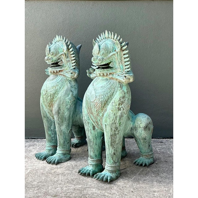 Metal Vintage Verdigris Bronze Temple Lions - A Pair For Sale - Image 7 of 17