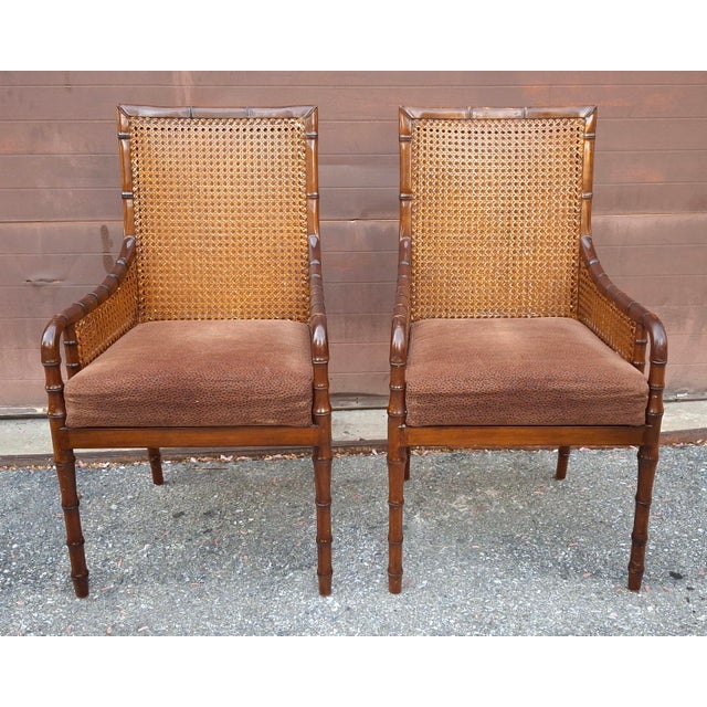Wood Palecek Hollywood Regency Style Double Cane Upholstered Armchairs For Sale - Image 7 of 18