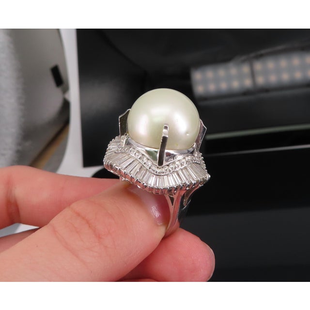 Late 20th Century Rare 18mm South Seas Pearl & 3.63ct Diamond Platinum Ring, 32gr Size 5.75 For Sale - Image 13 of 18