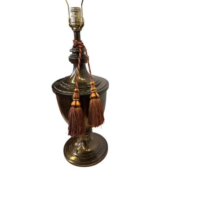 Metal Vintage Stiffel Brass Trophy Lamp With Red and Gold Tassels For Sale - Image 7 of 12
