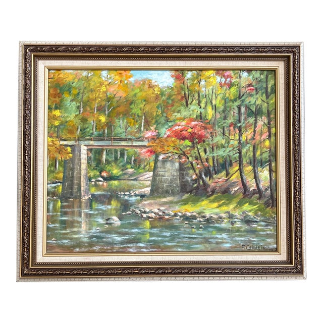 1960’s Original Impressionist Bridge Over Stream Landscape Painting For Sale