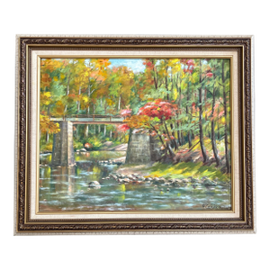 1960’s Original Impressionist Bridge Over Stream Landscape Painting
