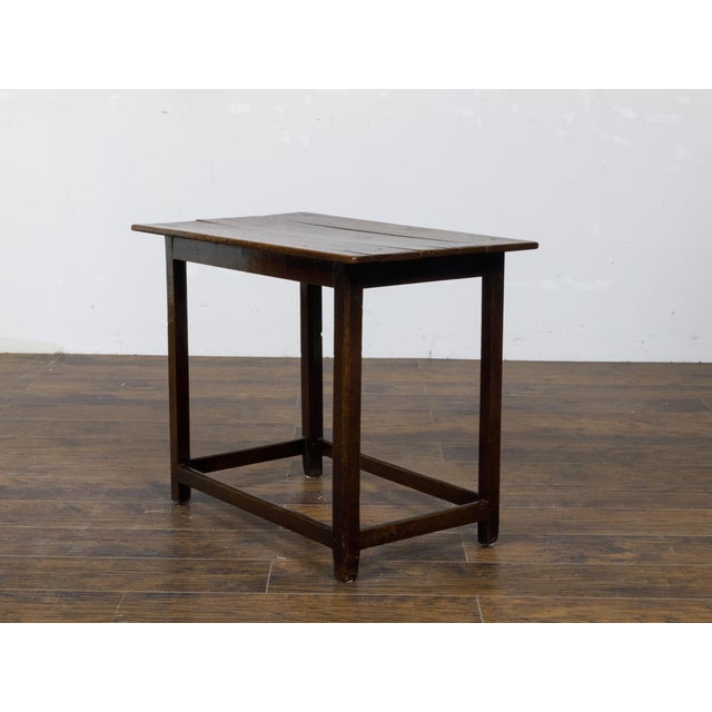 English Oak 1800s Side Table with Planked Top, Straight Legs and Stretchers For Sale - Image 4 of 11