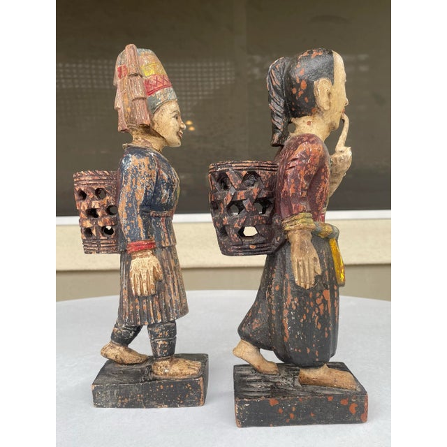 Vintage Asian Carved & Painted Wood Man and Woman Figures - Set of 2 For Sale In Palm Springs - Image 6 of 10