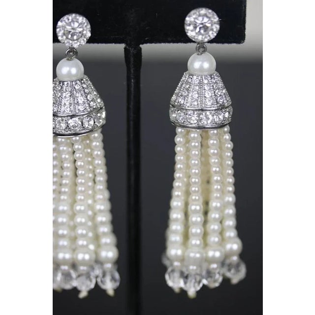 Kenneth Jay Lane Late 20th Century Kenneth Jay Lane Silver, Faux Pearl, Cz & Crystal Tassel Statement Earrings - 2 Pi For Sale - Image 4 of 4