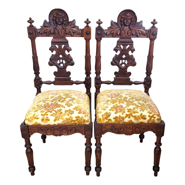 Pair Antique Italian Renaissance Carved Walnut Angels & Griffon Side Chairs For Sale