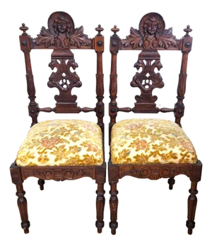 Pair Antique Italian Renaissance Carved Walnut Angels & Griffon Side Chairs