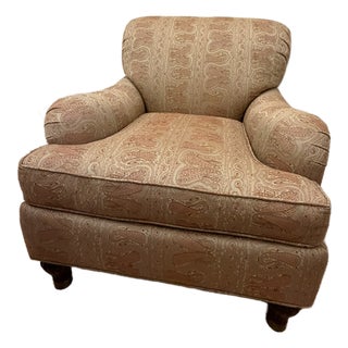 Custom Designer Upholstered Armchair – Neutral Paisley Fabric – Classic Rolled‑Arm Silhouette For Sale