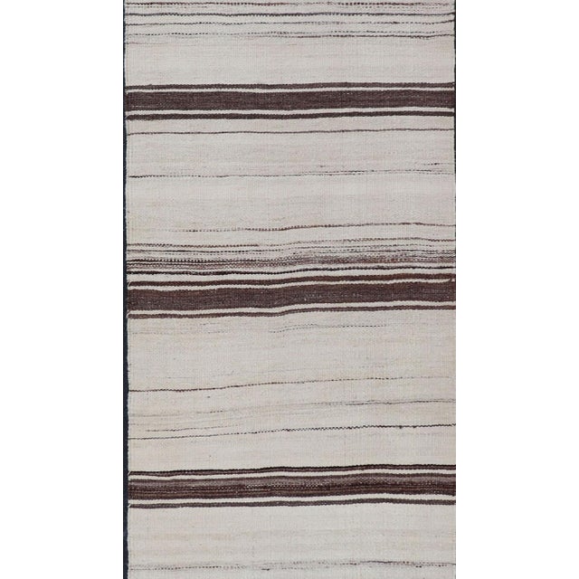 Mid 20th Century Vintage Turkish Kilim Small Runner With Ivory and Brown Stripes For Sale - Image 5 of 10