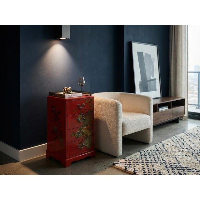 Oriental Bright Red Golden Flower Bird Graphic Drawers Chest For Sale - Image 4 of 13