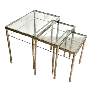 Mid Century Modern Chrome Faux Bamboo Glass Top Nesting Tables - Set of 3