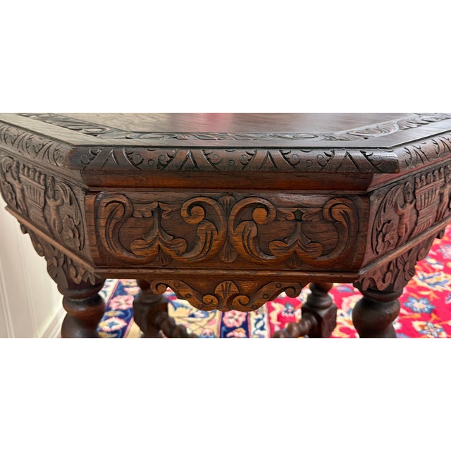 Antique French Octagonal Table Renaissance Revival Barley Twist Oak 24.5"t 19thC For Sale - Image 16 of 18