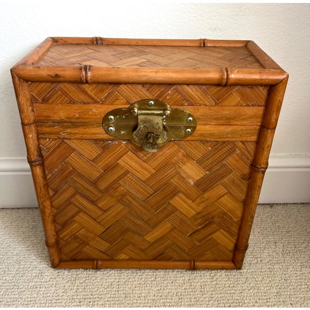 Vintage Woven Rattan Filing Box With Brass Handles For Sale - Image 10 of 12