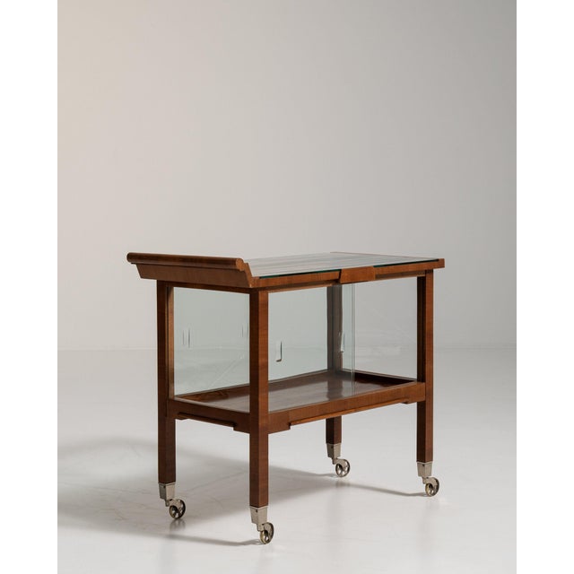 Brown 1930-1939 France Rich Walnut Brown Glass-Front Walnut Bar Cart For Sale - Image 8 of 11