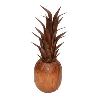 Mid-Century Modern Folk Art Handcrafted Wood & Natural Fiber Pineapple Sculpture For Sale