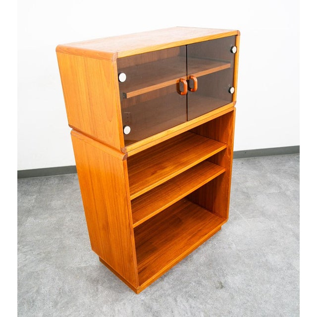 Brown Mid Century Danish Modern Bookshelf Cabinet Teak Shelves Glass Doors Display MCM For Sale - Image 8 of 11