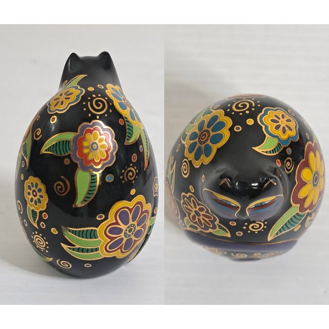1990s 1996 Laurel Burch “Flowering Feline” Ceramic Cat With Japanese Washi Eggs For Sale - Image 5 of 11