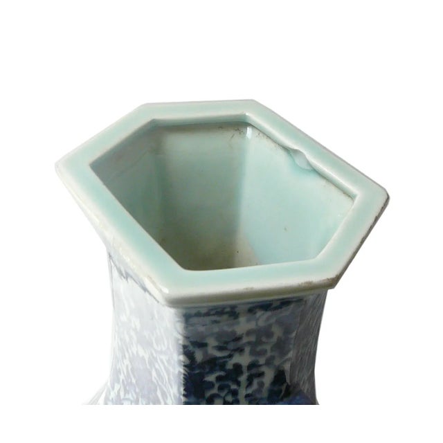 2000 - 2009 Blue & White Porcelain Hexagon Lotus Flower Vase For Sale - Image 5 of 7