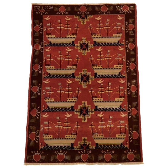 Scandinavian Double Sided Rug with Ships and Seagulls, 1934 For Sale