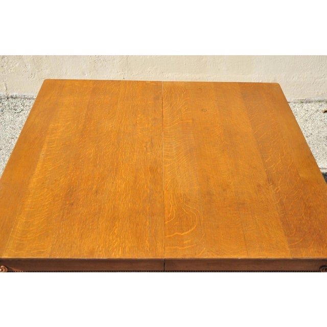 Late 19th Century Antique Victorian Quarter Sawn Golden Oak 48" Square Dining Table With 2 Leaves For Sale - Image 5 of 12