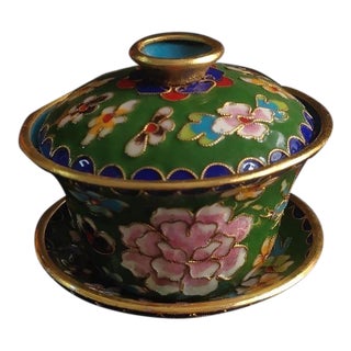Vintage Chinese Green Cloisonné Enamel Floral "Three-Piece" Tea Bowl Set For Sale