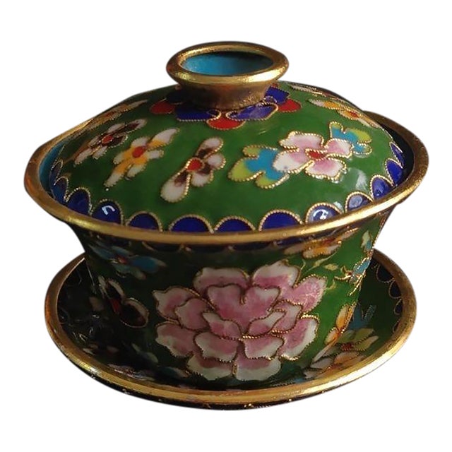 Vintage Chinese Green Cloisonné Enamel Floral "Three-Piece" Tea Bowl Set For Sale