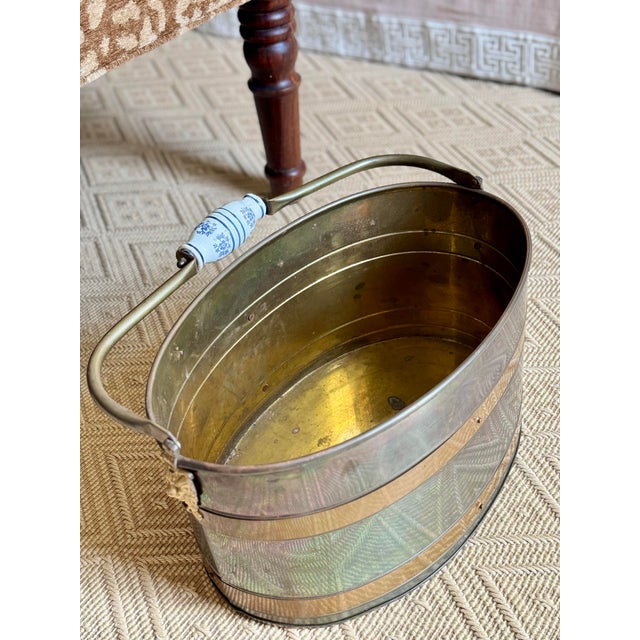 Vintage Dresher Copper and Brass Oval Bucket or Cache Pot With Blue and White Handle For Sale - Image 6 of 9