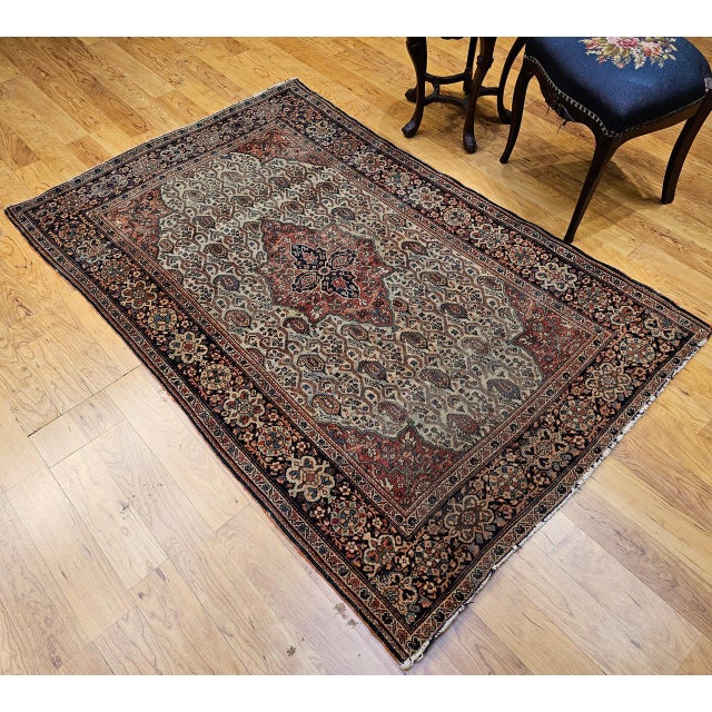 Persian 19th Century Persian Farahan Rug, Hand-Knotted Wool, Paisley Pattern, Pale Green & Navy, 4x6 For Sale - Image 3 of 18