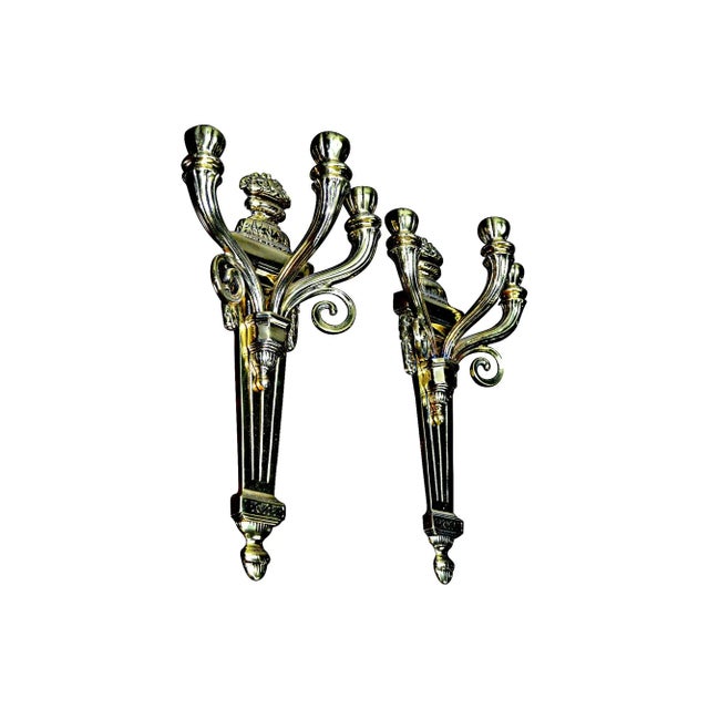 Neoclassical Three-Arm Sconces - Pair For Sale - Image 9 of 9