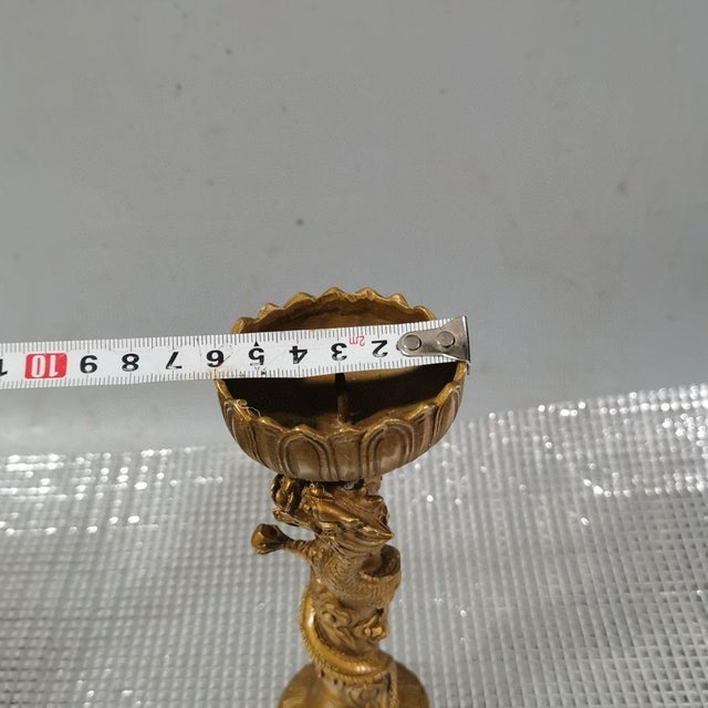 1970s Brass Dragon & Phoenix Candle Holders, Pair of Lotus Top Candlesticks For Sale - Image 9 of 9
