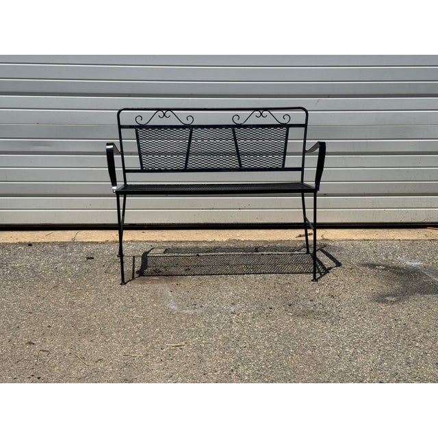 Mid-Century Modern Vintage Woodard Style Wrought Iron Mesh Patio Bench For Sale - Image 3 of 12