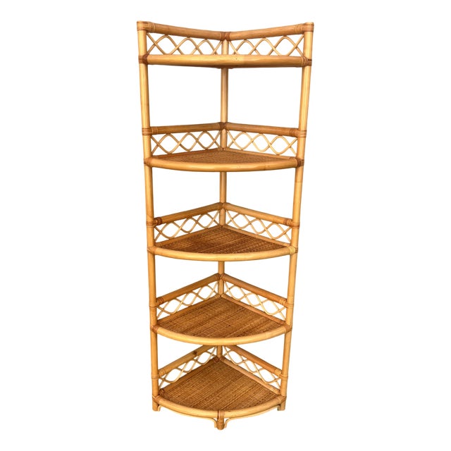 Five-Shelf Corner Unit in Rattan and Bamboo, 1972 For Sale