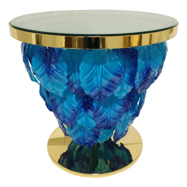 Italian Delicatezza Gold Blue Murano Glass Leaves Table by Fabio LTD For Sale