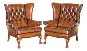 Claw & Ball Feet Chesterfield Tufted Brown Leather Wingback Armchairs, 1950s, Set of 2