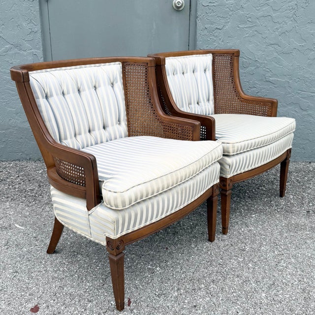 Mid 20th Century Vintage Hollywood Regency Cane Tufted Barrels Chairs - A Pair For Sale - Image 5 of 9
