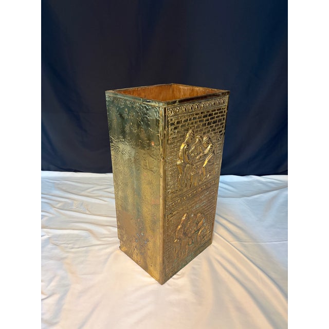 Late 19th Century English Repoussé Brass Umbrella Stand With Figural Tavern Scene Relief For Sale - Image 4 of 8