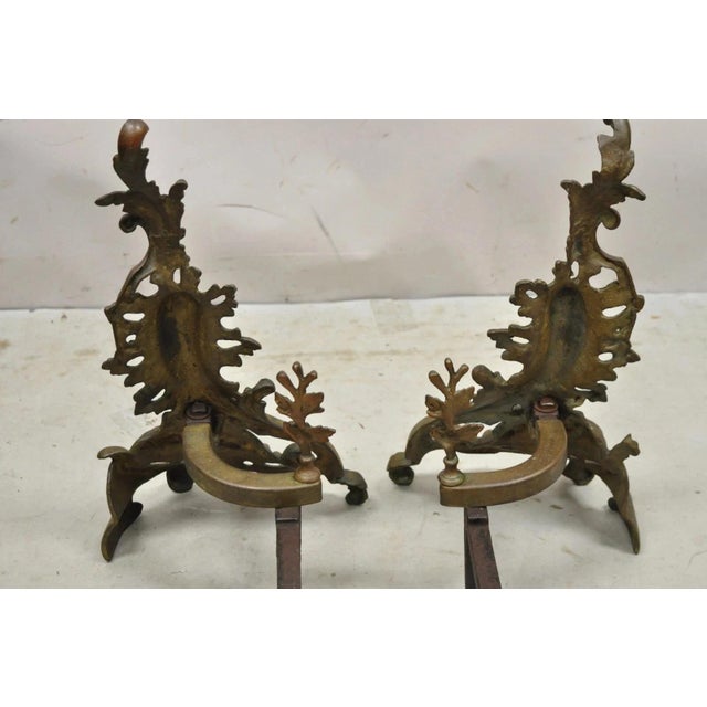 Antique French Rococo Baroque Style Brass Leafy Acanthus Andirons - A Pair For Sale - Image 9 of 12