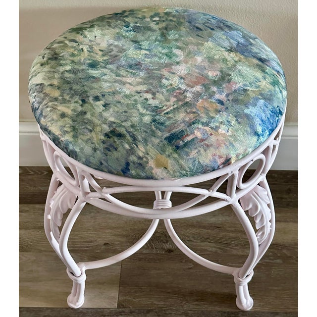 French Vintage 20th Century French Monet Style Pink Cushioned Wrought Iron Vanity/Dressing Area Stool For Sale - Image 3 of 11