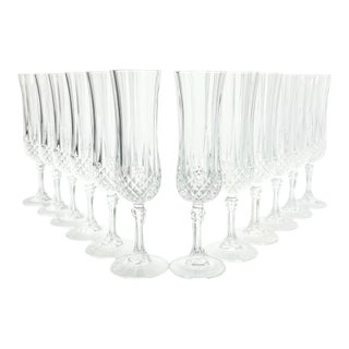 1990s Cristal D’Arques “Longchamp” Crystal Fluted Champagne Glasses - Set of 12 For Sale
