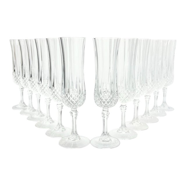 1990s Cristal D’Arques “Longchamp” Crystal Fluted Champagne Glasses - Set of 12 For Sale