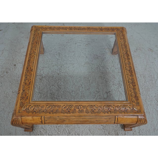 Traditional Glass & Carved Wood Square Cocktail Coffee Table For Sale - Image 3 of 14
