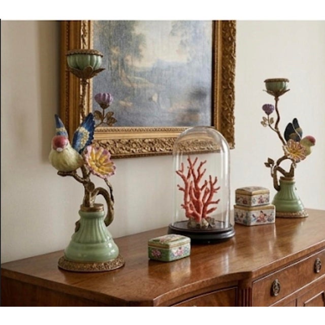 Pair of Vintage French-Style Porcelain and Ormolu Bird Candlesticks For Sale - Image 9 of 11