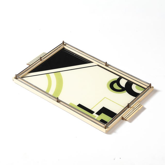 Paint Art Deco Eglomise Cubist Graphic Geometric Motif Tray W/ Cream Lacquered Border For Sale - Image 7 of 12