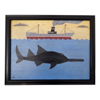 Matt Rix, Maritime Scene with Sawfish and Steamship, Oil on Board, Framed For Sale