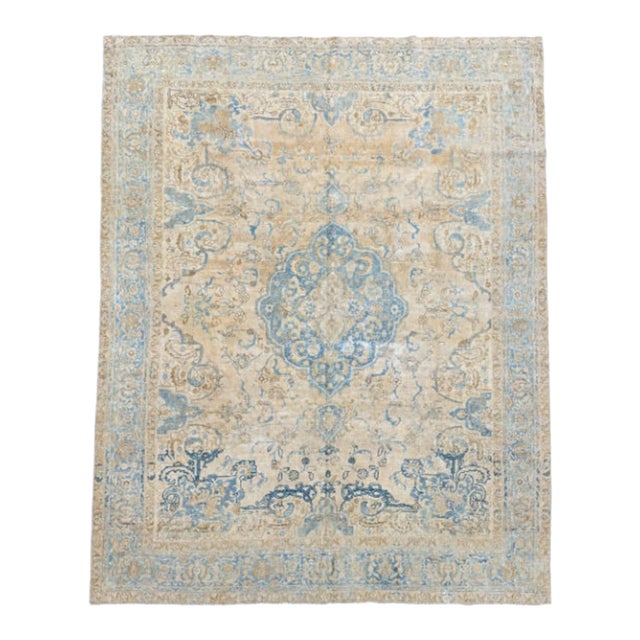 Antique Tabriz Rug | Faded Ivory, Beige & Blue | 7'5" X 9'5" For Sale
