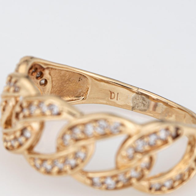 Metal Vintage Diamond Curb Link Ring Sz 7 Yellow Gold Pavé Chain Link Statement Band For Sale - Image 7 of 7