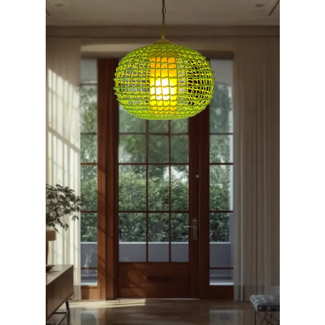 Vintage Rattan Green Globe Oange Glass Shade Pendant Light For Sale - Image 15 of 18